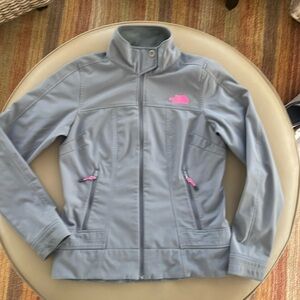 The North Face Womens Soft Shell Jacket - Small Gray with pink logo.